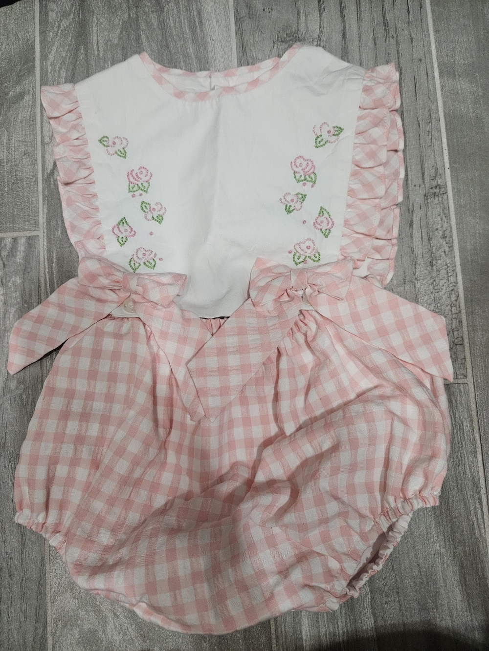 Pink Gingham Bow Baby Romper with Embroidered Roses